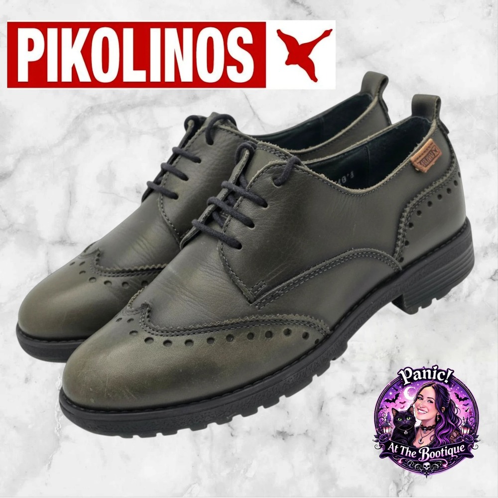 Pikolinos Wingtip Oxford Shoes Women 37 6.5US Green Leather Brogue Lug Sole Lace